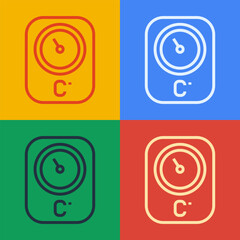 Poster - Pop art line Sauna thermometer icon isolated on color background. Sauna and bath equipment. Vector