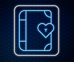 Poster - Glowing neon line Love diary notebook album icon isolated on brick wall background. Happy Valentines day. Vector