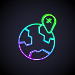 Poster - Glowing neon line Location on the globe icon isolated on black background. World or Earth sign. Vector
