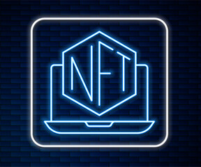 Aufkleber - Glowing neon line Laptop with art store app icon isolated on brick wall background. Technology of selling NFT tokens for cryptocurrency. Non fungible token concept. Vector