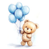 Illustration of an Adorable Teddy Bear Holding Blue Balloons on a White Background.