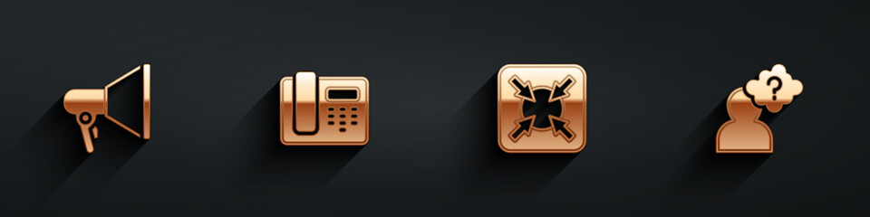 Poster - Set Megaphone, Telephone 24 hours support, Target and Head with question mark icon with long shadow. Vector