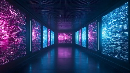 Poster - A futuristic hallway with glowing screens displaying complex data and information