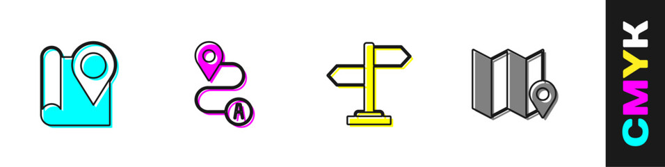 Poster - set folded map with location marker, route, road traffic sign and icon. vector
