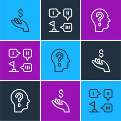 Poster - Set line Hand holding coin money, Head with question mark and Planning strategy icon. Vector
