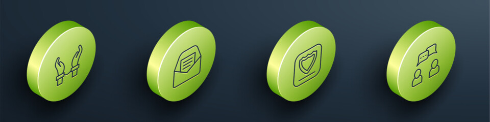 Poster - Set Isometric line Handcuffs on hands of criminal, Mail e-mail, Shield and Speech bubble chat icon. Vector