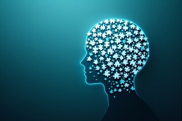 Poster - Human head silhouette with glowing puzzle pieces forming the brain.