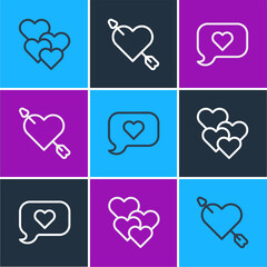 Poster - Set line Heart, in speech bubble and Amour with heart and arrow icon. Vector