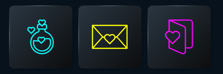 Poster - Set line Bottle with love potion, Valentines day flyer and Envelope heart. Black square button. Vector
