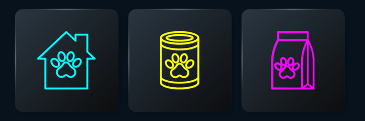 Poster - Set line Pet house, Bag of food for pet and Canned. Black square button. Vector
