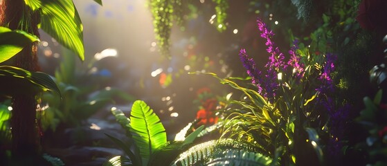 Poster - a stunning display of diverse healthy vegetation and colorful flowers in a serene sunlit garden or t