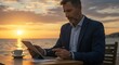 © aaa - Generative AI, Realistic photo, digital nomad working on laptop on beach.