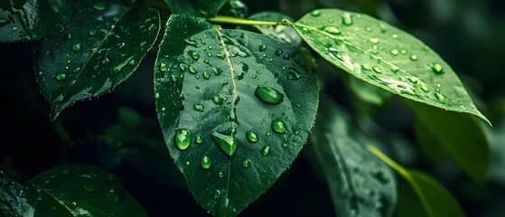 Poster - closeup of vibrant green leaves covered in shimmering water droplets creating a serene and refreshin
