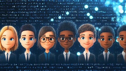 Poster - A diverse group of professionals looking at the camera, against a technological background, representing teamwork and innovation