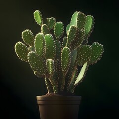 Poster - A close up view of a thriving cactus plant with its distinctive green spiky leaves set against a dark background creating a striking visual contrast