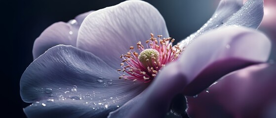 Poster - Close up of a beautiful fragile flower with soft pink and purple petals and tiny water droplets clinging to its delicate structure