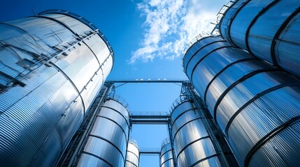 Poster - A large scale industrial facility with towering cylindrical steel pipelines and storage tanks against a blue sky with wispy clouds