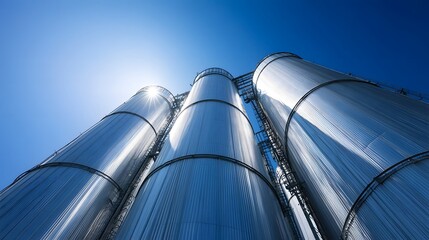 Poster - Tall cylindrical storage tanks made of shiny metal stand in an industrial complex against a bright blue sky with the sun s rays reflecting off the surfaces