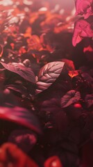 Poster - close up of a lush verdant foliage backdrop with vibrant red orange and green leaves creating an int