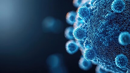 Poster - Blue exosome particles in cosmetology biotechnology concept. Close-up of a virus illustrating its complex structure and features.