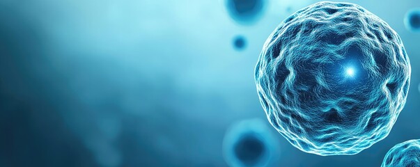 Poster - Blue exosome particles in biotechnology and medical concept. Close-up of vibrant, microscopic cells in blue background.
