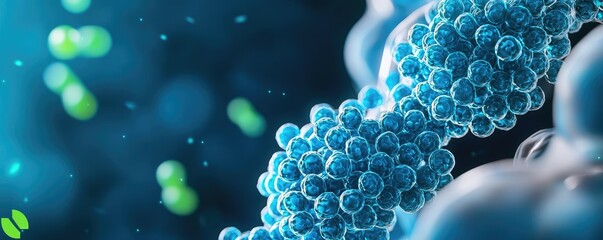 Poster - Blue exosome particles in medical and skincare concept. Close-up view of molecular structures in a vibrant blue environment.