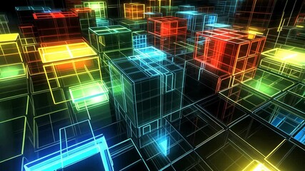 Poster - Bright geometric shapes create a vibrant illusion of depth in a stylized digital landscape at night