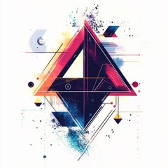 Aufkleber - Abstract Geometric Composition: A Striking Arrangement of Triangles, Lines, and Splatter on a Clean White Backdrop