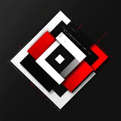 Fototapete - Abstract Geometric Composition: A Dynamic Interplay of Black, White, and Red Squares on a Dark Canvas