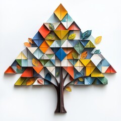 Poster - Abstract Tree Mosaic: A Colorful Composition of Triangles and Autumn Leaves on White Backdrop