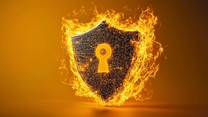 Poster - Shield engulfed in flames, with a keyhole symbol on it