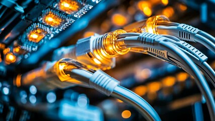 Poster - Network cables connect to a server, showcasing data transmission and technology in action