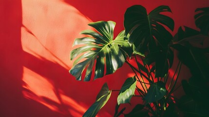 Poster - Closeup view of a thriving lush tropical plant with vibrant verdant leaves casting dramatic shadows in a warm luminous setting