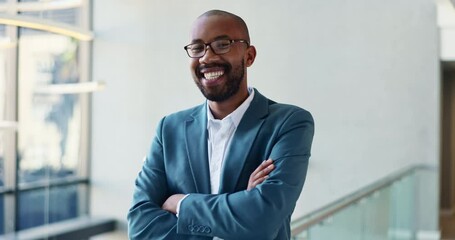 Poster - Arms crossed, corporate and face of business black man in convention center for career or upskill development. Conference, happy and smile with confident African employee in agency for opportunity
