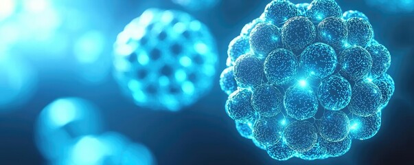 Aufkleber - Blue exosome particles in biotechnology and medical concept. Abstract representation of glowing blue microorganisms in detail.