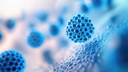 Poster - Blue exosome particles in cosmetology biotechnology concept. Abstract representation of microscopic structures in vibrant blue.