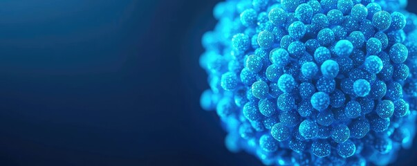 Poster - Blue exosome particles in cosmetology biotechnology concept. Close-up of a blue cell structure on a dark background.