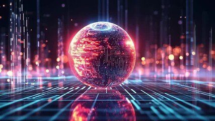 Poster - Glowing orb radiates light in a futuristic digital environment with vibrant colors and intricate patterns, A glowing orb at the center of a futuristic digital landscape, surrounded by lines of light