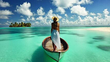 Wall Mural - Beautiful young woman enjoying a serene boat ride in crystal clear waters under a bright sky, Beautiful young woman traveling by boat, Standing on the boat at tropical island beach lagoon