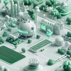Poster - Futuristic Agriculture: A High-Tech Farm with Drones and Green Crops in a White and Green Landscape