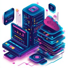 Fototapete - Futuristic Neon Data Infrastructure: Cloud Computing, Servers, and Network Devices in Digital Space