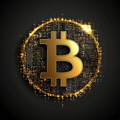 Poster - Golden Bitcoin Digital Circuitry Sparkle: Cryptocurrency Concept on Dark Background