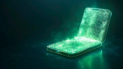 Aufkleber - a futuristic smartphone with a glowing green energy display and an open screen, symbolizing technolo