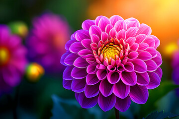 Wall Mural - A thriving eco flower farm with purple dahlias in full bloom, glowing under a breathtaking sunset sky. Copy space.