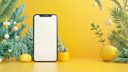 Poster - A modern smartphone with a blank screen sits amidst a vibrant, festive display of yellow and green. The scene is filled with leaves and decorative elements