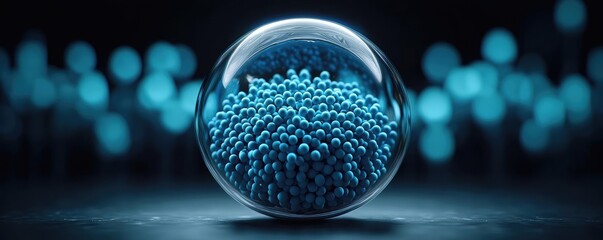 Poster - Blue exosome particles in cosmetology biotechnology concept. Close-up of blue particles in a glass sphere with a dark background.