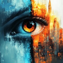 Poster - Visionary Metropolis: A Dual-Tone Cityscape Reflected in a Captivating Eye, Blending Reality and Abstract Art