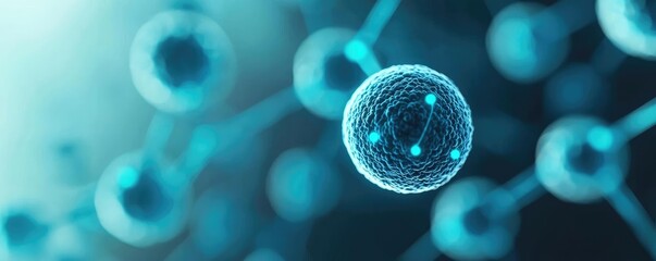 Poster - Blue exosome particles in medical and skincare concept. Close-up view of a cell structure showcasing cellular details.