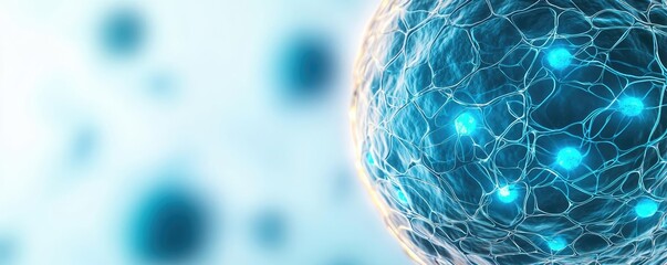 Aufkleber - Blue exosome particles in cosmetology biotechnology concept. Close-up of a cell structure with glowing blue elements.