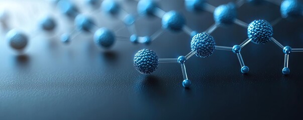 Poster - Blue exosome particles in medical and skincare concept. Close-up of blue molecular structures on a dark surface.